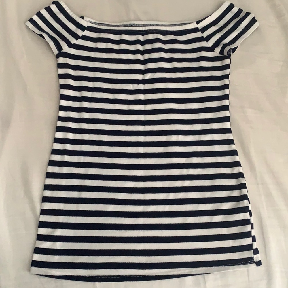 Offers welcome! Motherhood Maternity dark blue and white stripped shirt.